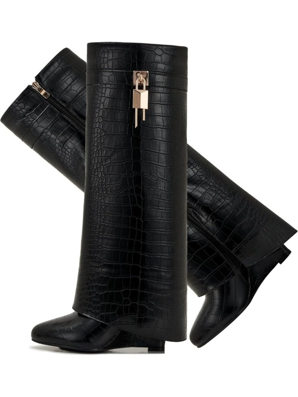 Women's Black Pull-on Side Zipper Padlock Pointy Fold Over Knee High Boots